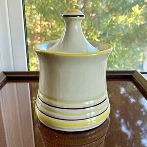 Vintage MCM “Genie” Ribbed Ceramic Canister Cookie Jar, 7.5" Yellow & Brown Trim